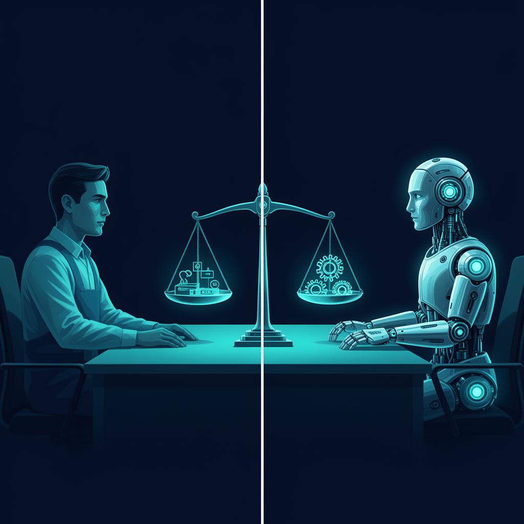 AI job replacement — human vs robot with balance scale