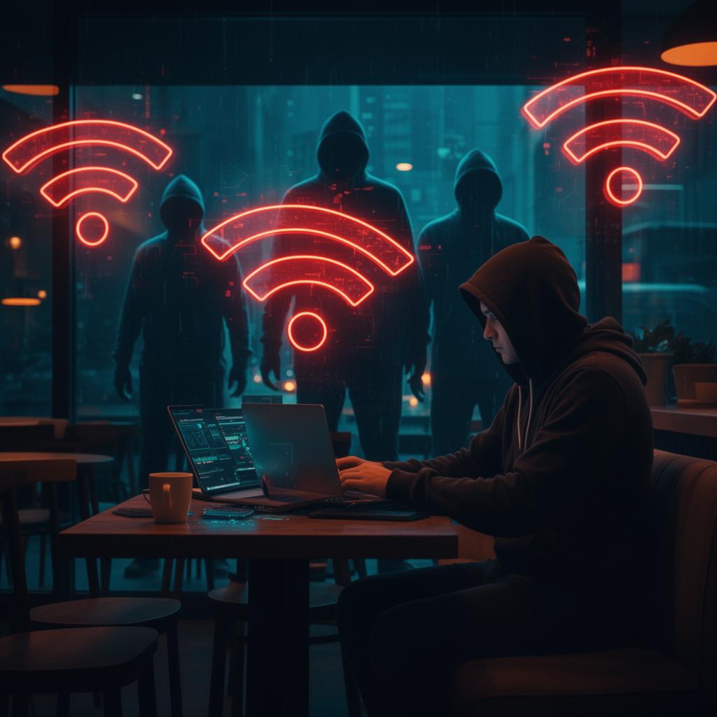 Public Wi-Fi dangers — hacker silhouettes in a cafe